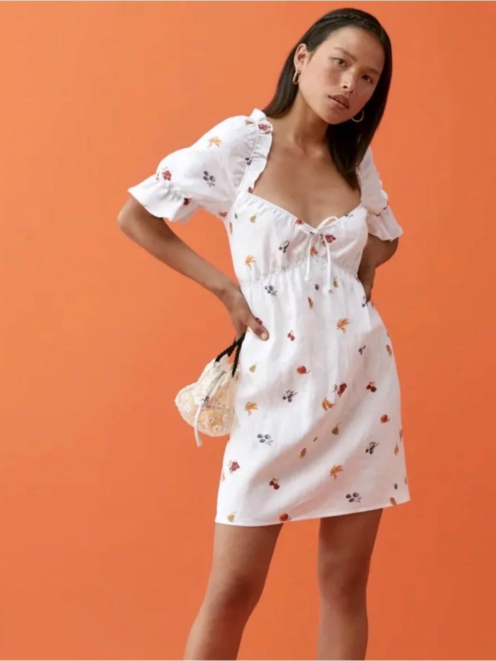 Reformation Chana Linen Dress in the "Fruit Loops" print Puff Sleeve Mini Dress